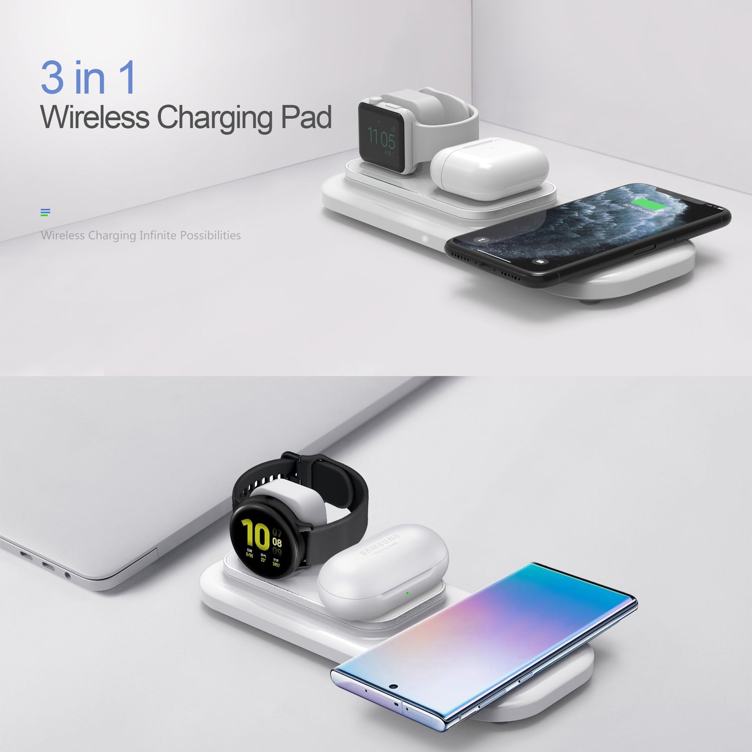 RGBTRON DT-X3 Wireless Charger 3 in 1, PowerWave Pad, Qi-Certified Compatible iPhone 12, 12 Mini, 12 Pro Max, 11, 11 Pro, 11 Pro Max, Xs Max, XR, 10W for Galaxy S20 S10 S9, Note 10 (No AC Adapter)