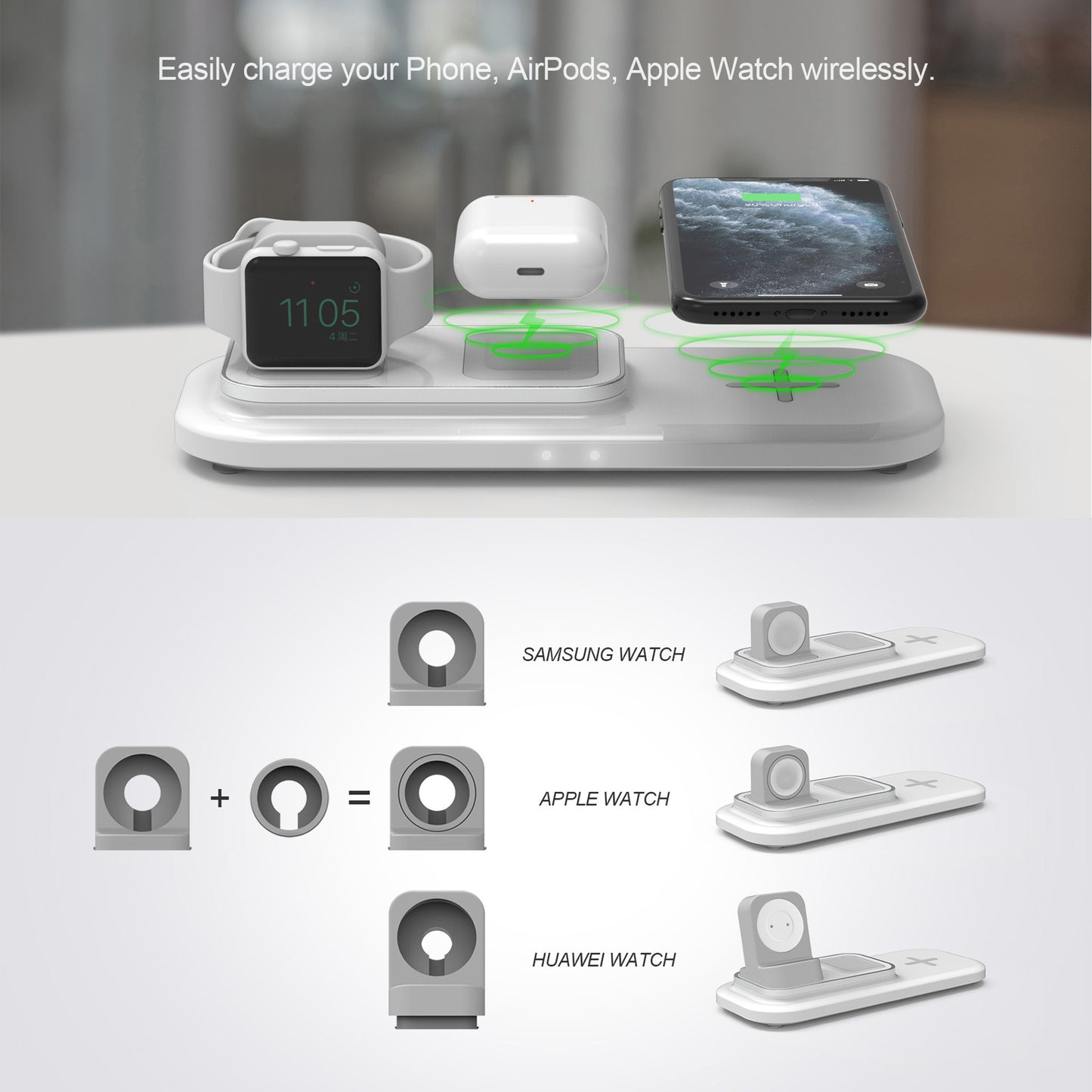 RGBTRON DT-X3 Wireless Charger 3 in 1,Qi-Certified 10W Max Fast Wireless Charging Pad Compatible with iPhone 1313 Pro13 Mini13 Pro Max12SE 202011,Samsung Galaxy S21S20Note 10S10,AirPods Pro(No AC Adapter)