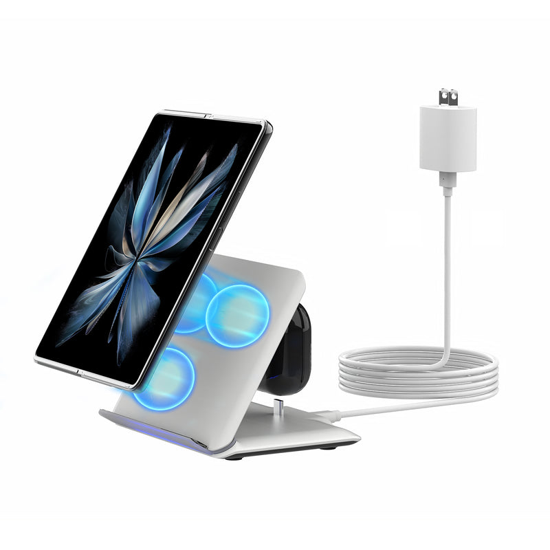 DT-X8 Wireless Charger Stand for Samsung Galaxy Z Fold/Pixel 9 Pro Fold, 2 in 1 Fast Wireless Charging Station for Galaxy Z Fold 6/5/4/3, 3-Coils Charging Stand for Galaxy Buds, White,Black (20W Adapter Included)