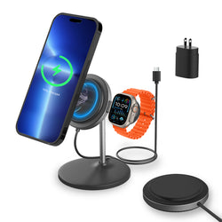 DT-680 2 in 1 Wireless Charging Station for iPhone, MagSafe Charger Stand Fast Charging, Removable Magnetic Wireless Charger for iPhone 16 15 14 13 12 Series & Apple Watch(PD 25W Adapter Included)