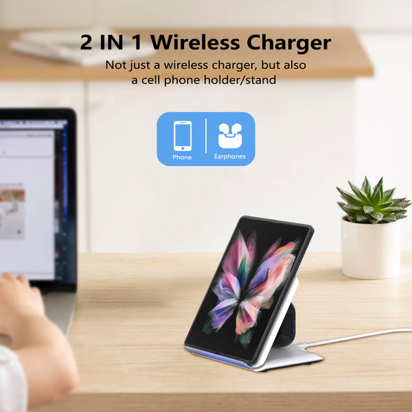 DT-X8 Wireless Charger Stand for Samsung Galaxy Z Fold/Pixel 9 Pro Fold, 2 in 1 Fast Wireless Charging Station for Galaxy Z Fold 6/5/4/3, 3-Coils Charging Stand for Galaxy Buds, White,Black (20W Adapter Included)