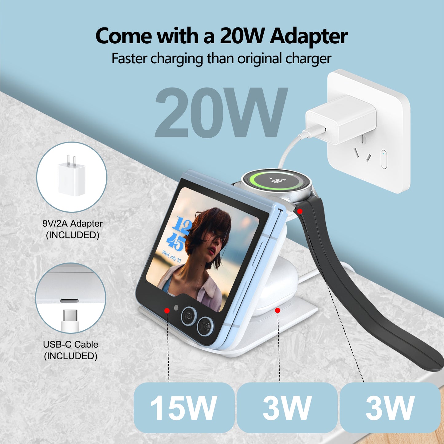 DT-X7T Wireless Charger for Samsung Galaxy Z Flip-3 in 1 Foldable 15W Fast Wireless Charging Stand, Portable Travel Charger Station for Galaxy Z Flip 6/5/4/3, Razr+, Galaxy Watch, Earphones, Black, White