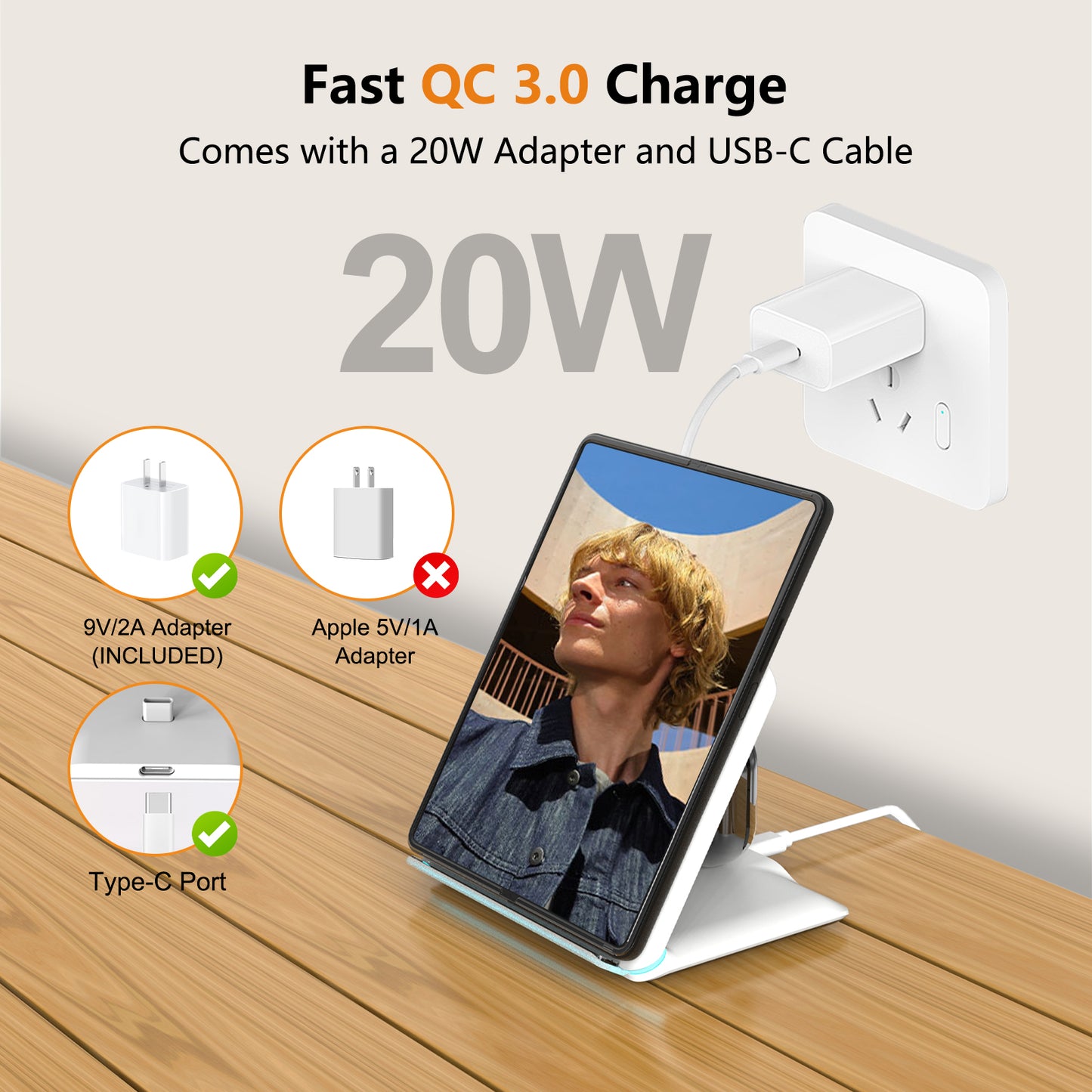 DT-X8 Wireless Charger Stand for Samsung Galaxy Z Fold/Pixel 9 Pro Fold, 2 in 1 Fast Wireless Charging Station for Galaxy Z Fold 6/5/4/3, 3-Coils Charging Stand for Galaxy Buds, White,Black (20W Adapter Included)