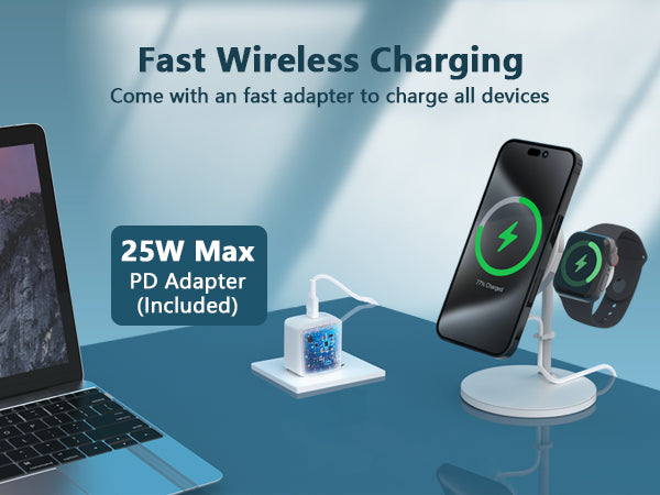 DT-680 2 in 1 Wireless Charging Station for iPhone, MagSafe Charger Stand Fast Charging, Removable Magnetic Wireless Charger for iPhone 16 15 14 13 12 Series & Apple Watch(PD 25W Adapter Included)