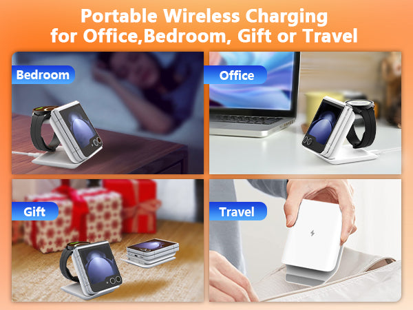 DT-X7D Samsung Galaxy Z Flip Wireless Charger-2 in 1 Foldable Travel Charging Station, Portable Fast Charger Stand for Samsung Galaxy Z Flip 6/5/4/3,Galaxy S24 Series, Razr+, Galaxy Watch 6/5/4, White, Black