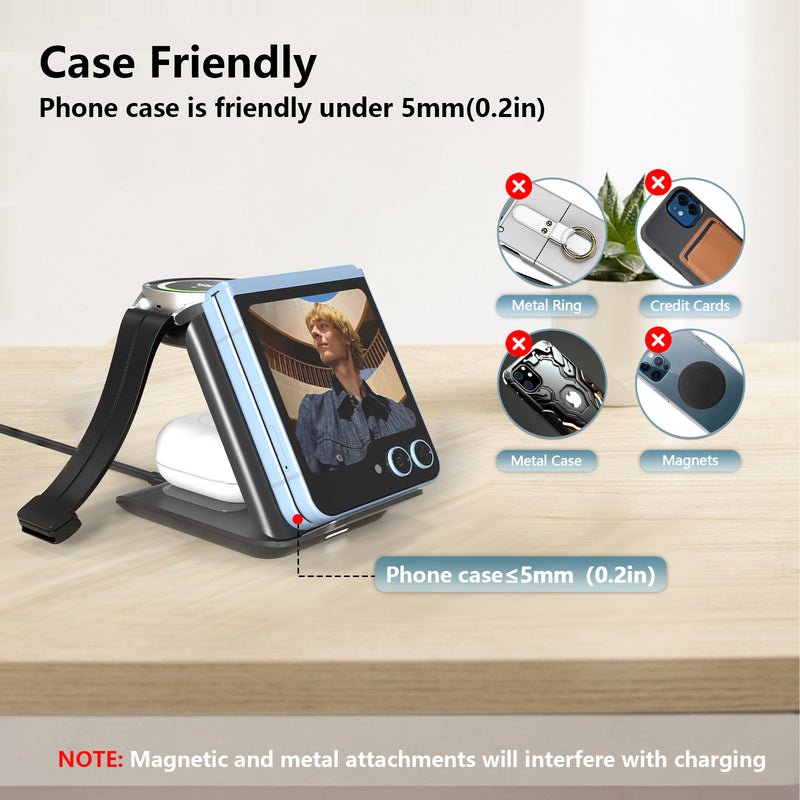 DT-X7T Wireless Charger for Samsung Galaxy Z Flip-3 in 1 Foldable 15W Fast Wireless Charging Stand, Portable Travel Charger Station for Galaxy Z Flip 6/5/4/3, Razr+, Galaxy Watch, Earphones, Black, White
