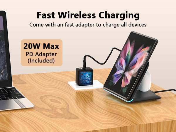 DT-X8 Wireless Charger Stand for Samsung Galaxy Z Fold/Pixel 9 Pro Fold, 2 in 1 Fast Wireless Charging Station for Galaxy Z Fold 6/5/4/3, 3-Coils Charging Stand for Galaxy Buds, White,Black (20W Adapter Included)