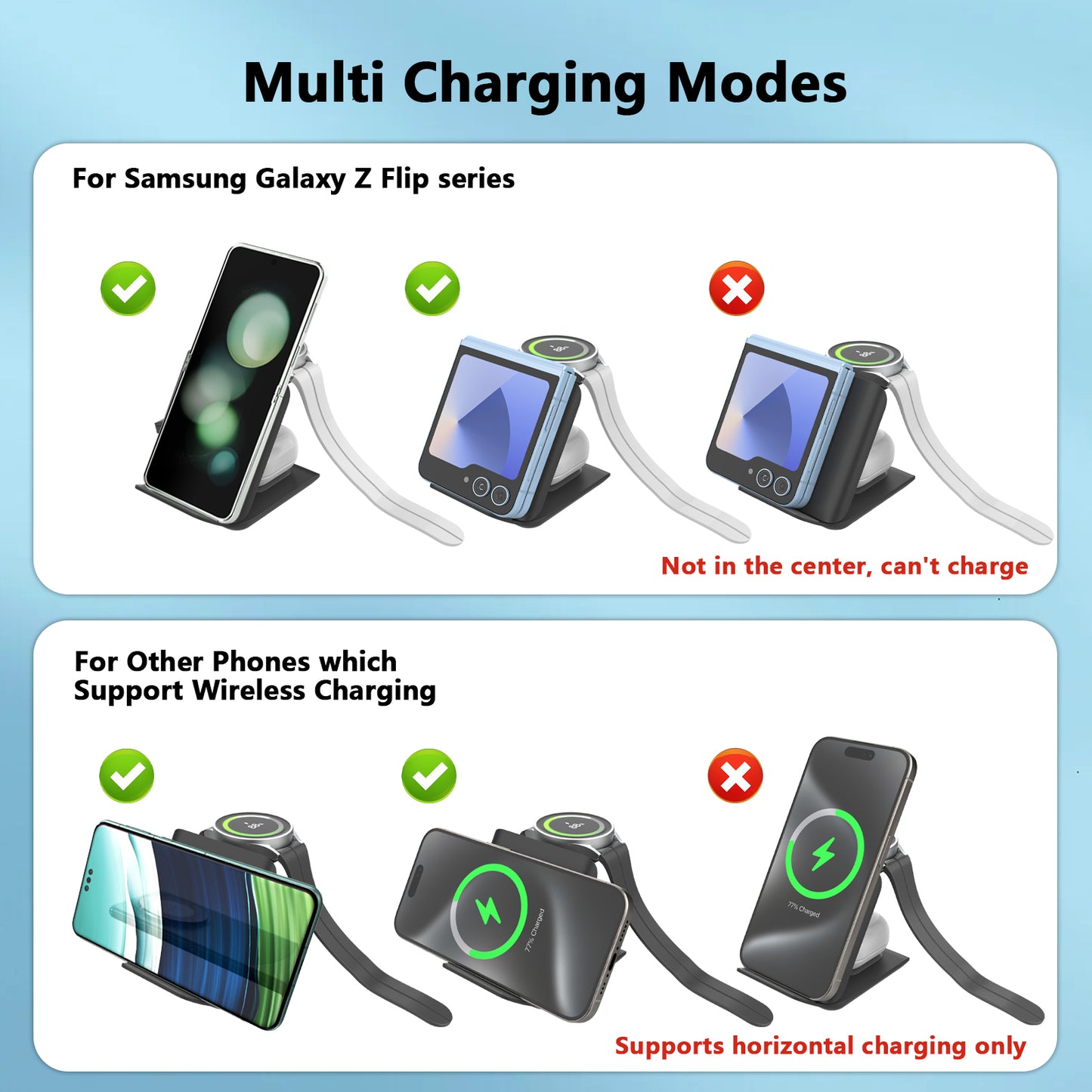 DT-X7T Wireless Charger for Samsung Galaxy Z Flip-3 in 1 Foldable 15W Fast Wireless Charging Stand, Portable Travel Charger Station for Galaxy Z Flip 6/5/4/3, Razr+, Galaxy Watch, Earphones, Black, White