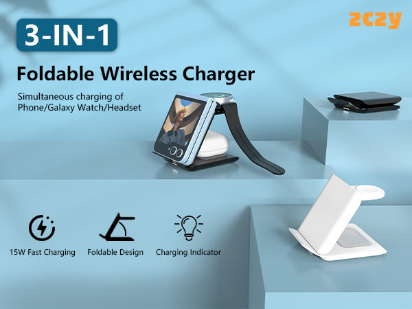 DT-X7T Wireless Charger for Samsung Galaxy Z Flip-3 in 1 Foldable 15W Fast Wireless Charging Stand, Portable Travel Charger Station for Galaxy Z Flip 6/5/4/3, Razr+, Galaxy Watch, Earphones, Black, White