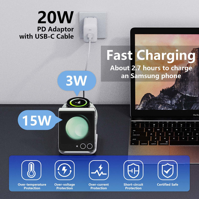 DT-X7D Samsung Galaxy Z Flip Wireless Charger-2 in 1 Foldable Travel Charging Station, Portable Fast Charger Stand for Samsung Galaxy Z Flip 6/5/4/3,Galaxy S24 Series, Razr+, Galaxy Watch 6/5/4, White, Black