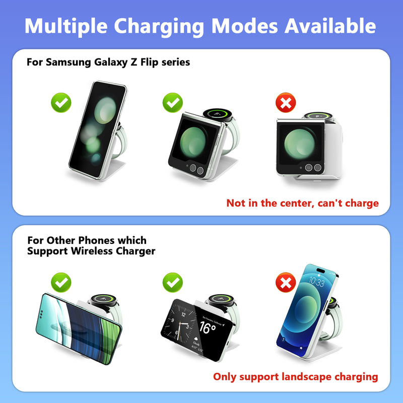 DT-X7D Samsung Galaxy Z Flip Wireless Charger-2 in 1 Foldable Travel Charging Station, Portable Fast Charger Stand for Samsung Galaxy Z Flip 6/5/4/3,Galaxy S24 Series, Razr+, Galaxy Watch 6/5/4, White, Black