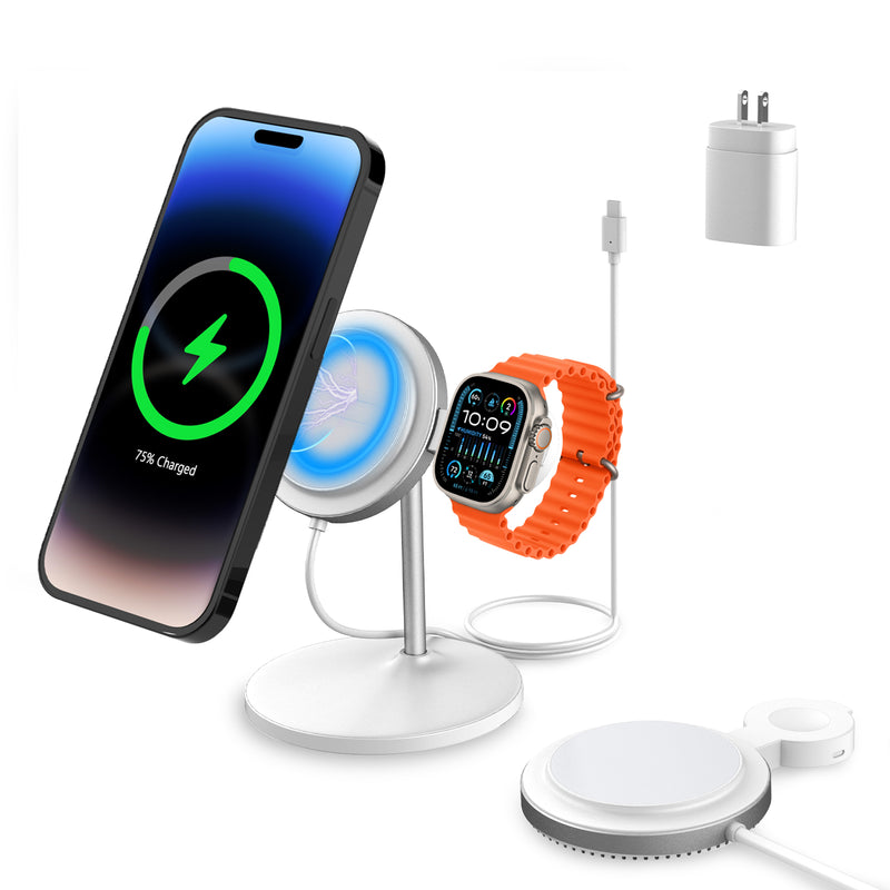 DT-680 2 in 1 Wireless Charging Station for iPhone, MagSafe Charger Stand Fast Charging, Removable Magnetic Wireless Charger for iPhone 16 15 14 13 12 Series & Apple Watch(PD 25W Adapter Included)