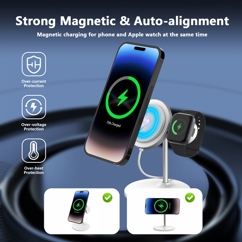 DT-680 2 in 1 Wireless Charging Station for iPhone, MagSafe Charger Stand Fast Charging, Removable Magnetic Wireless Charger for iPhone 16 15 14 13 12 Series & Apple Watch(PD 25W Adapter Included)