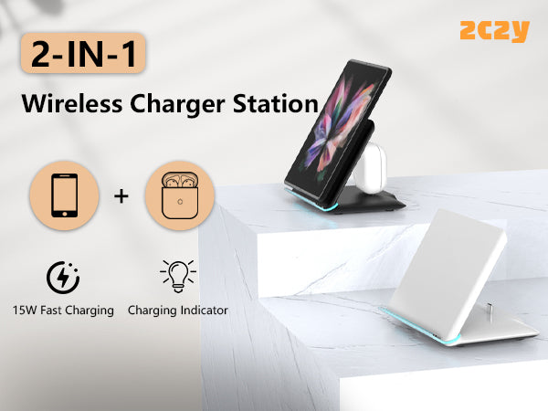 DT-X8 Wireless Charger Stand for Samsung Galaxy Z Fold/Pixel 9 Pro Fold, 2 in 1 Fast Wireless Charging Station for Galaxy Z Fold 6/5/4/3, 3-Coils Charging Stand for Galaxy Buds, White,Black (20W Adapter Included)