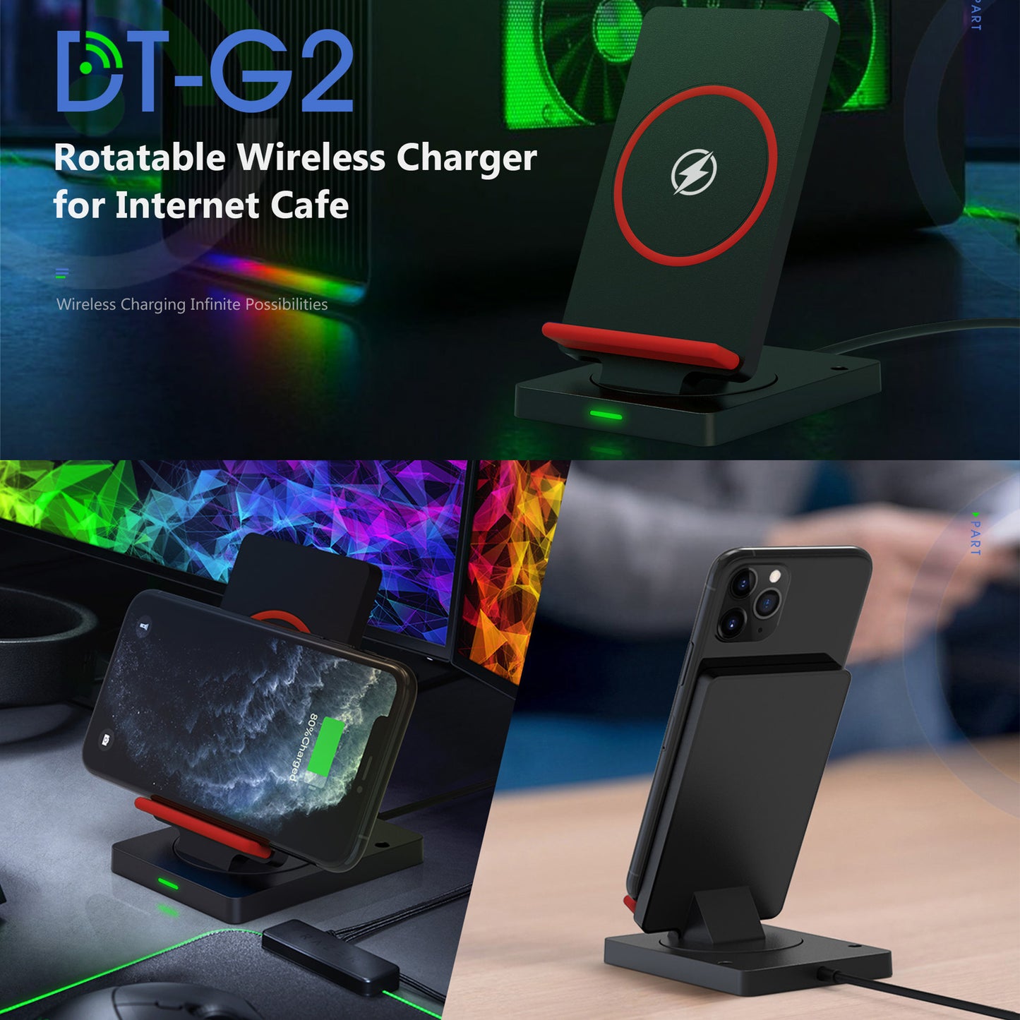 RGBTRON DT-G2 rotatable Wireless Charging Station 15W Fast Wireless Charger Stand for iPhone 1313 Pro13 Mini13 Pro Max12 Series