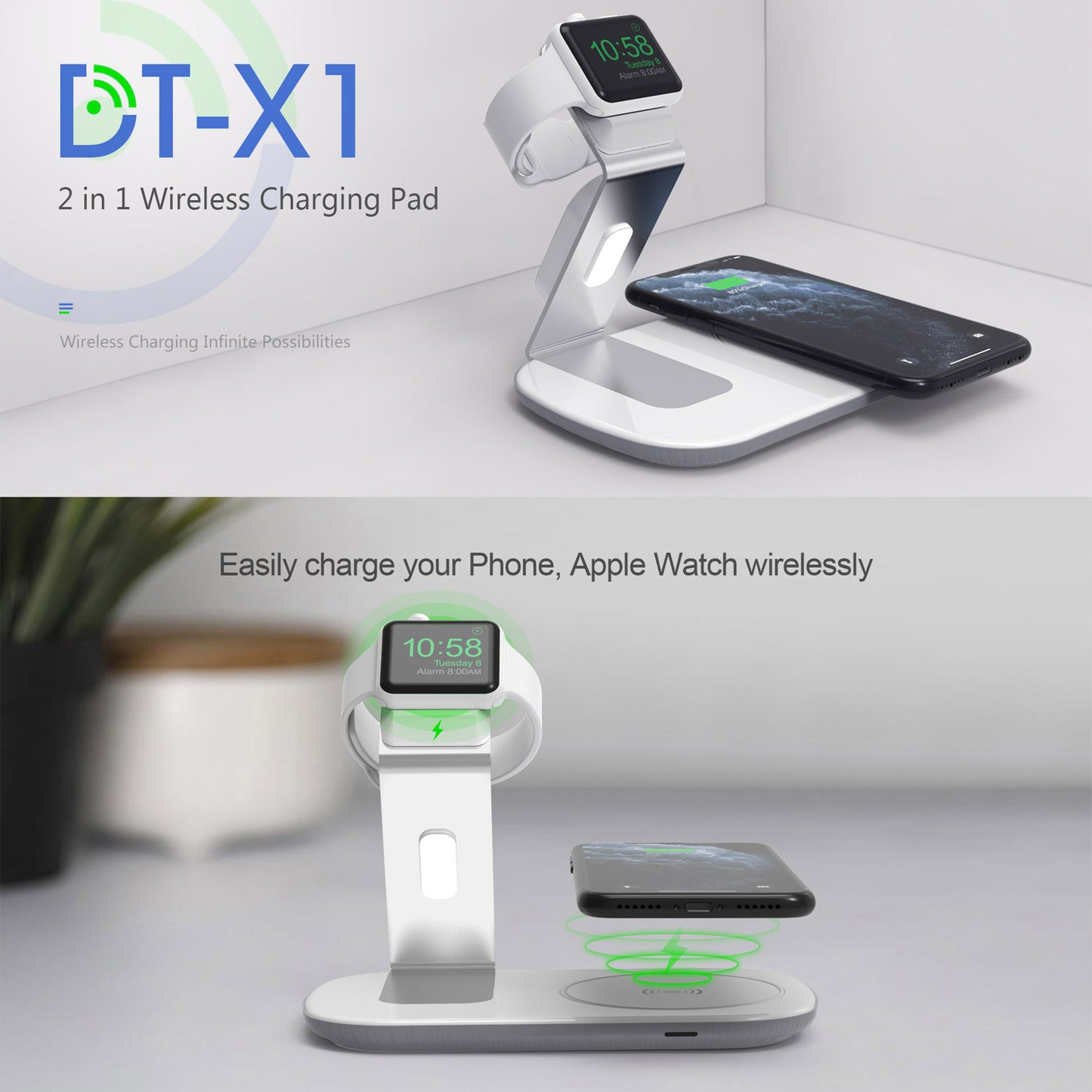 RGBTRON DT-X1 2 in 1 Wireless Charging Station, 2021 Upgraded 15W Fast Wireless Charger Stand Dock Compatible with Apple Watch SE 6 5 4 3 2, Airpods Pro2 and iPhone 13, 12 Pro max, 12, 11, Xs max, Xr, X (White, Black)