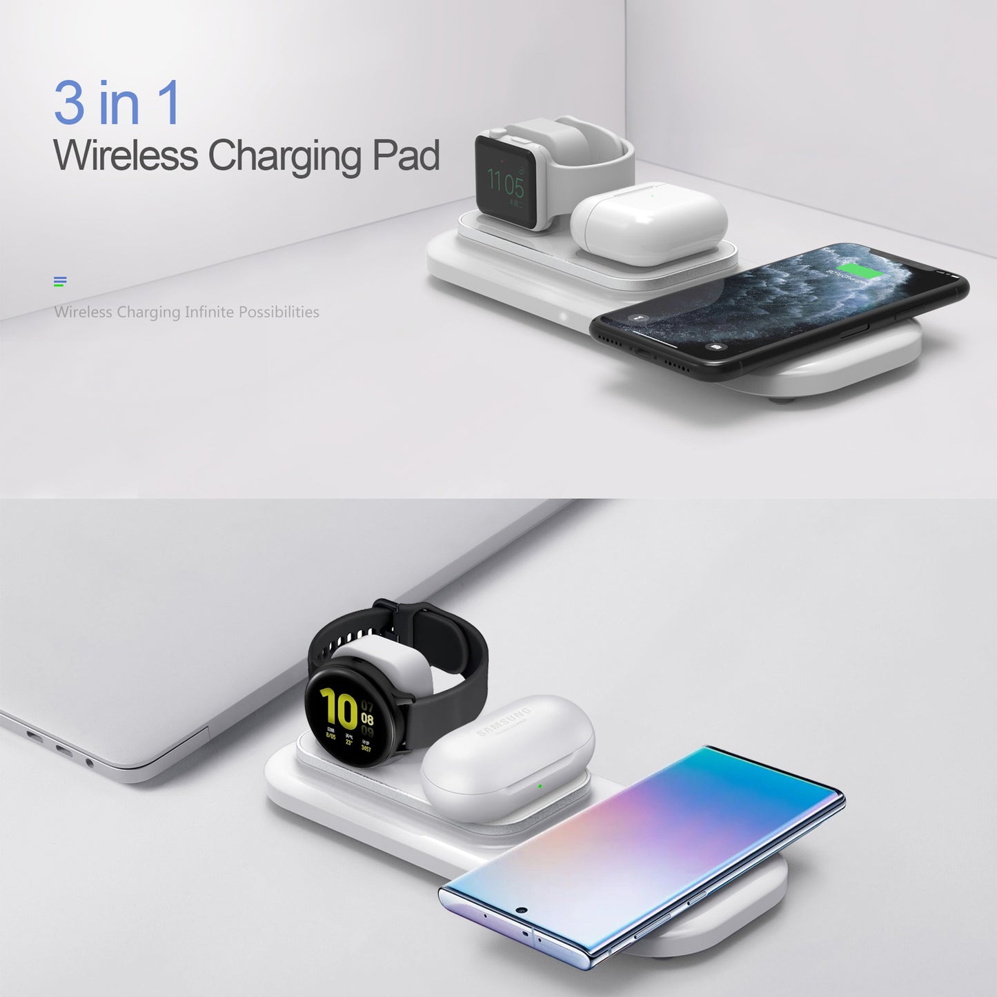 RGBTRON DT-X3 Wireless Charger 3 in 1, PowerWave Pad, Qi-Certified Compatible iPhone 12, 12 Mini, 12 Pro Max, 11, 11 Pro, 11 Pro Max, Xs Max, XR, 10W for Galaxy S20 S10 S9, Note 10 (No AC Adapter)